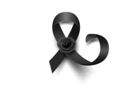 Vector Black Silk Ribbon with Black Rose. Design Template for Funeral Card, Banner, Invitation. Black Awareness Ribbon Isolated on White Background, Icon for Pray, Mourning Symbol
